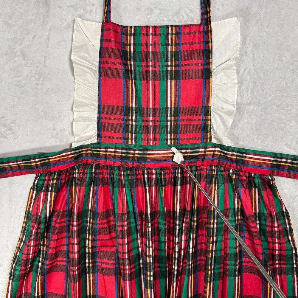 Vintage 70s Plaid Pinafore Apron Dress Ruffle Bib‎ Tie Back Lady One Size USA